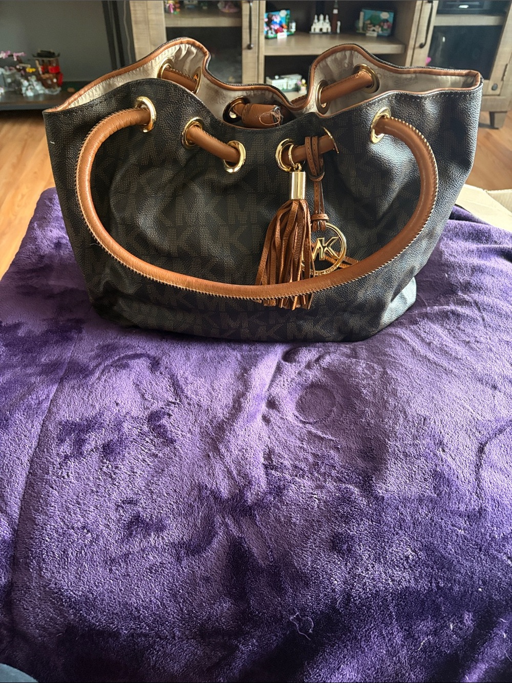 MK-Inspired Brown Logo Tote with Tan Leather Trim